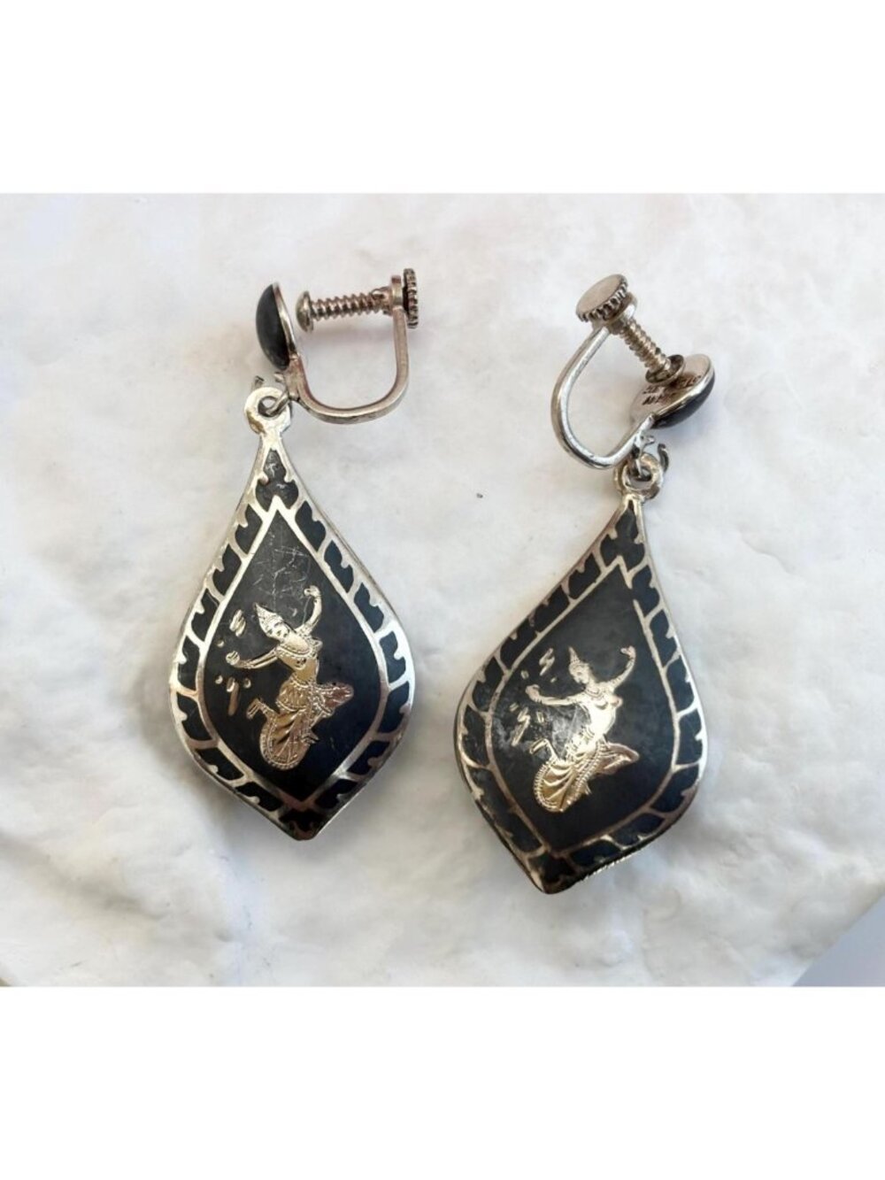 Siam Sterling Silver Black Guilloche Mekkalah Goddess Screw Back 925 Earrings